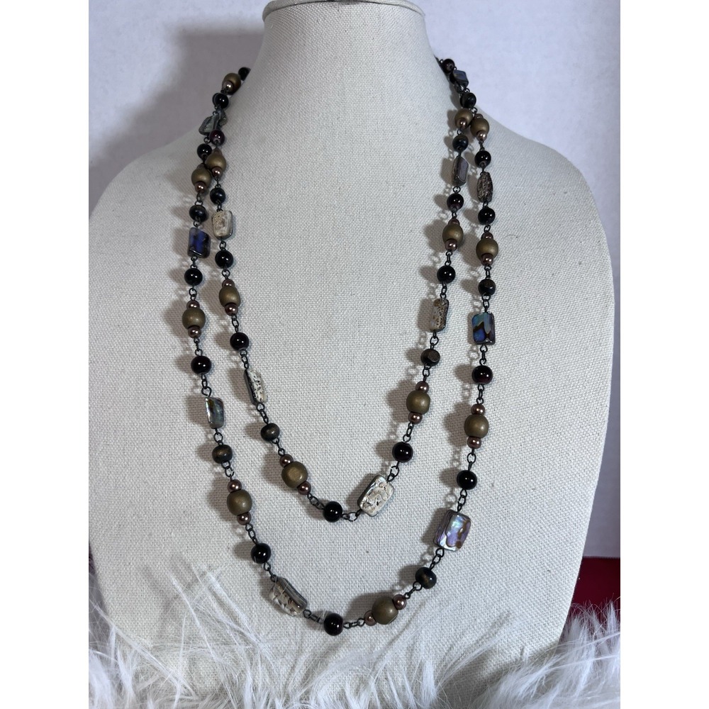 Vintage Long Iridescent Abalone Shell Beaded Necklace 60" Elegant Summer Classic